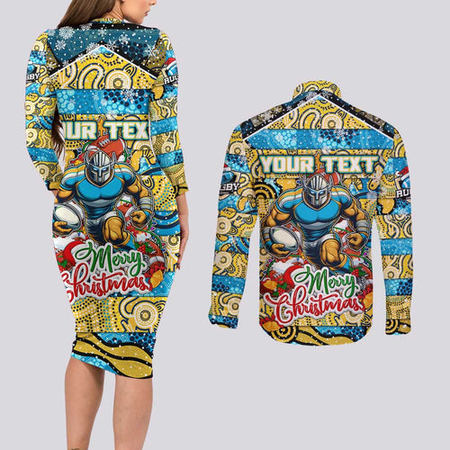 Custom Titans Rugby Merry Christmas Couples Matching Long Sleeve Bodycon Dress and Long Sleeve Button Shirt Indigenous Australian Art