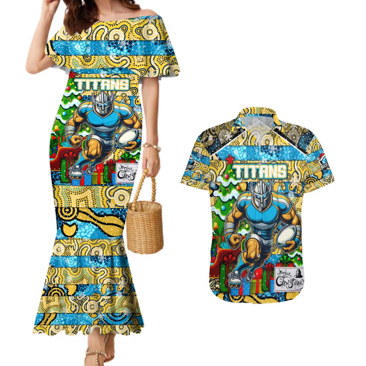 Custom Titans Rugby Merry Christmas Couples Matching Mermaid Dress and Hawaiian Shirt Indigenous Australian Art