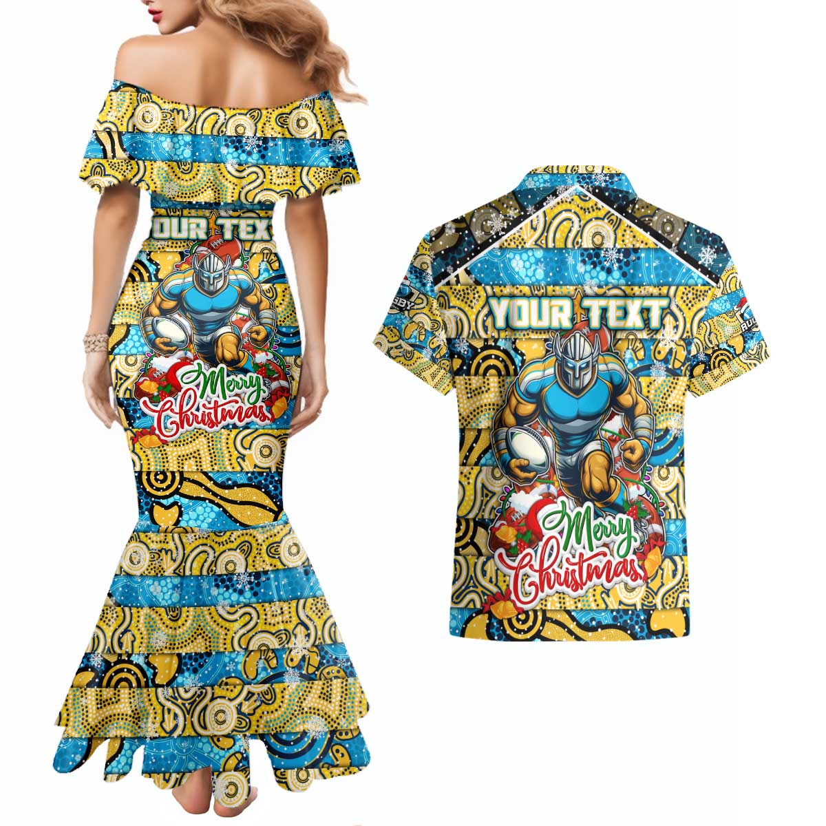 Custom Titans Rugby Merry Christmas Couples Matching Mermaid Dress and Hawaiian Shirt Indigenous Australian Art