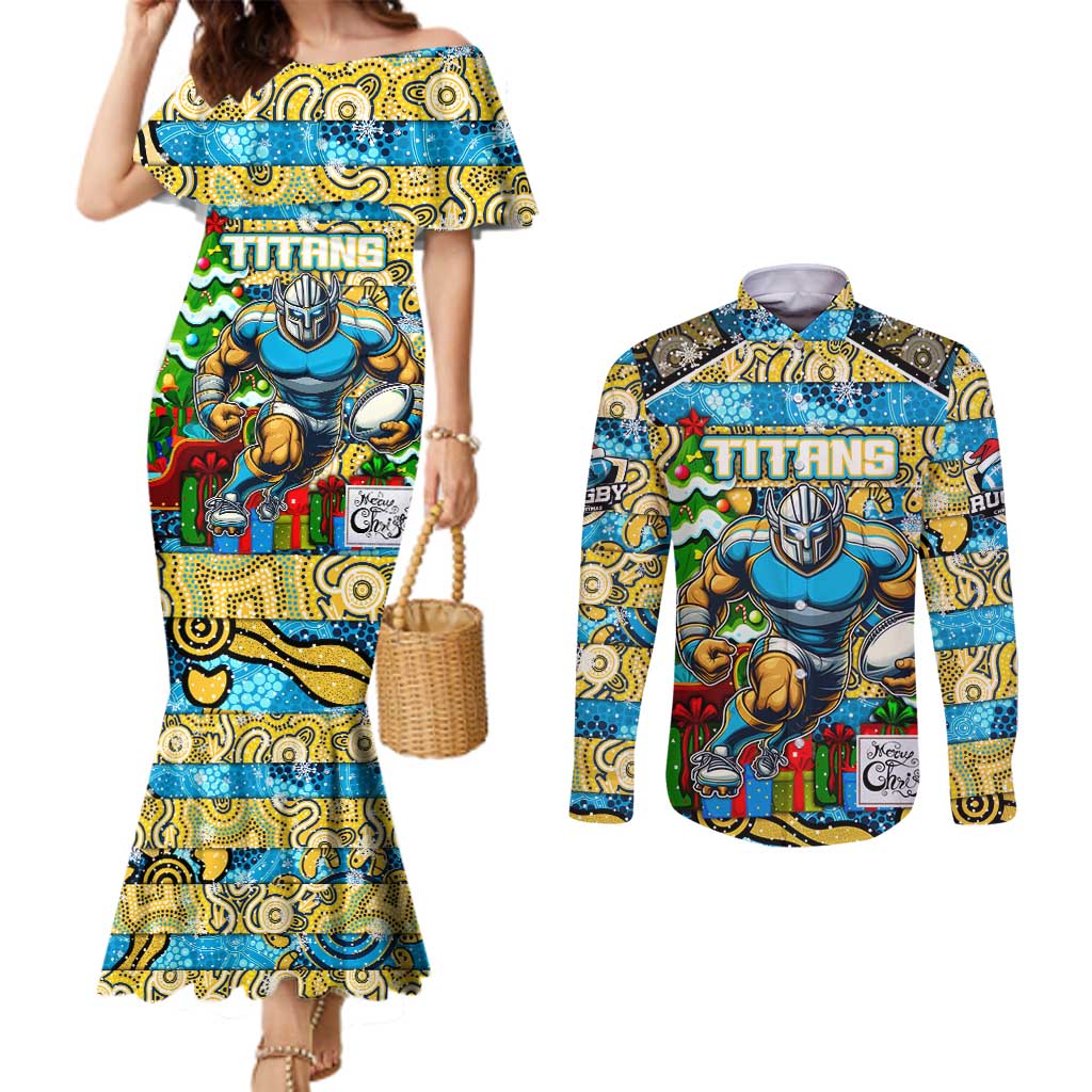 Custom Titans Rugby Merry Christmas Couples Matching Mermaid Dress and Long Sleeve Button Shirt Indigenous Australian Art