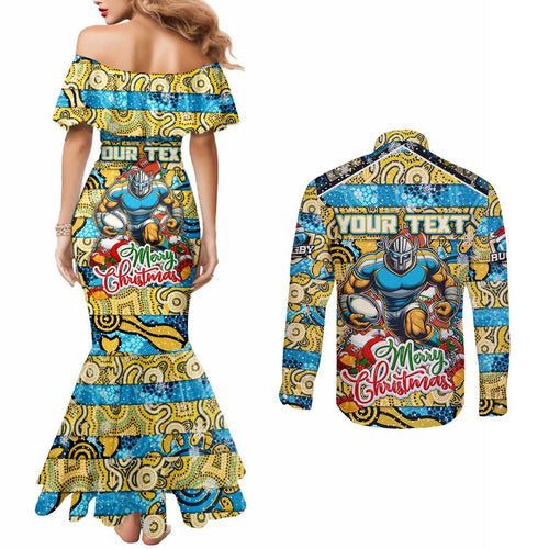 Custom Titans Rugby Merry Christmas Couples Matching Mermaid Dress and Long Sleeve Button Shirt Indigenous Australian Art
