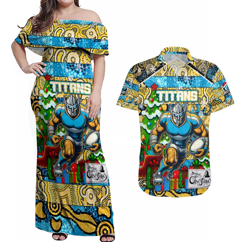 Custom Titans Rugby Merry Christmas Couples Matching Off Shoulder Maxi Dress and Hawaiian Shirt Indigenous Australian Art