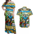Custom Titans Rugby Merry Christmas Couples Matching Off Shoulder Maxi Dress and Hawaiian Shirt Indigenous Australian Art