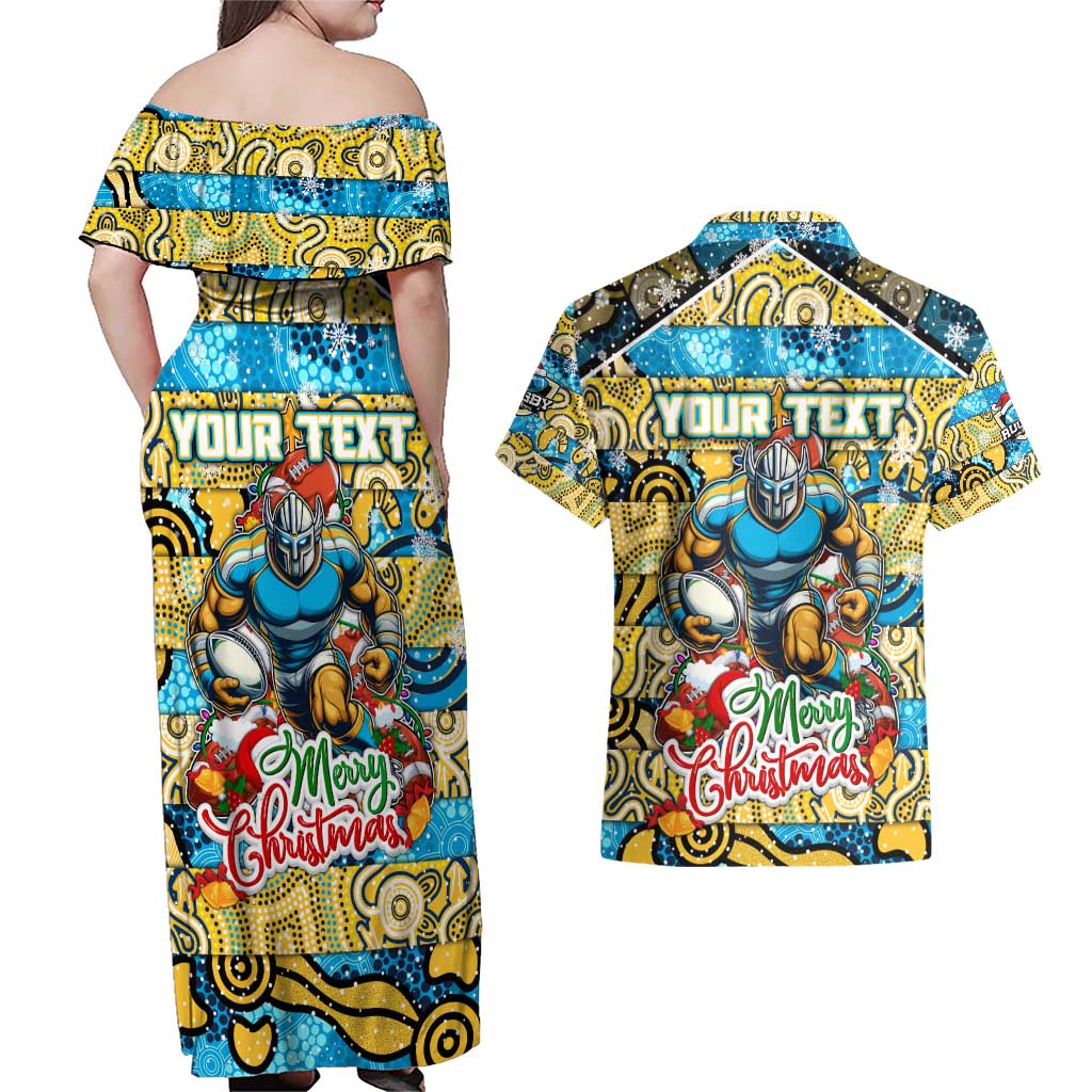 Custom Titans Rugby Merry Christmas Couples Matching Off Shoulder Maxi Dress and Hawaiian Shirt Indigenous Australian Art
