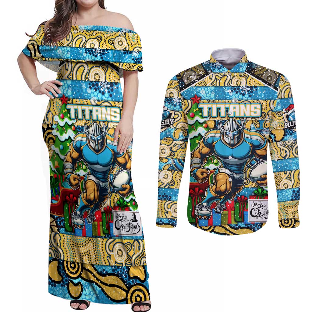 Custom Titans Rugby Merry Christmas Couples Matching Off Shoulder Maxi Dress and Long Sleeve Button Shirt Indigenous Australian Art