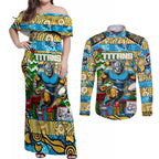 Custom Titans Rugby Merry Christmas Couples Matching Off Shoulder Maxi Dress and Long Sleeve Button Shirt Indigenous Australian Art