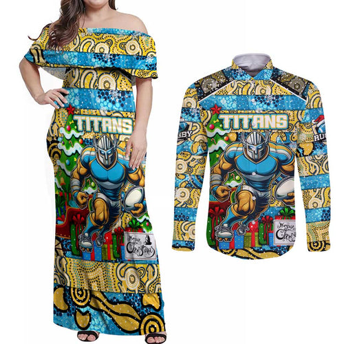 Custom Titans Rugby Merry Christmas Couples Matching Off Shoulder Maxi Dress and Long Sleeve Button Shirt Indigenous Australian Art