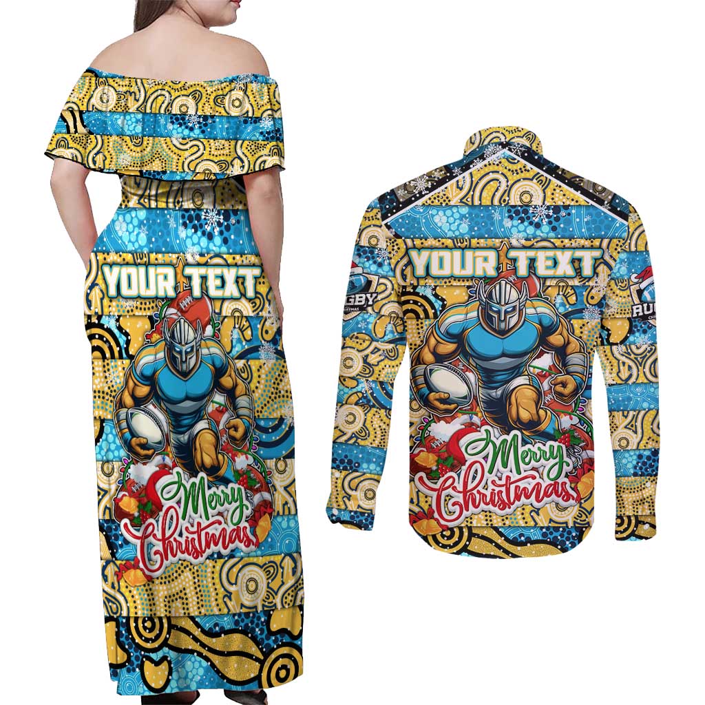 Custom Titans Rugby Merry Christmas Couples Matching Off Shoulder Maxi Dress and Long Sleeve Button Shirt Indigenous Australian Art