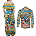 Custom Titans Rugby Merry Christmas Couples Matching Off Shoulder Maxi Dress and Long Sleeve Button Shirt Indigenous Australian Art