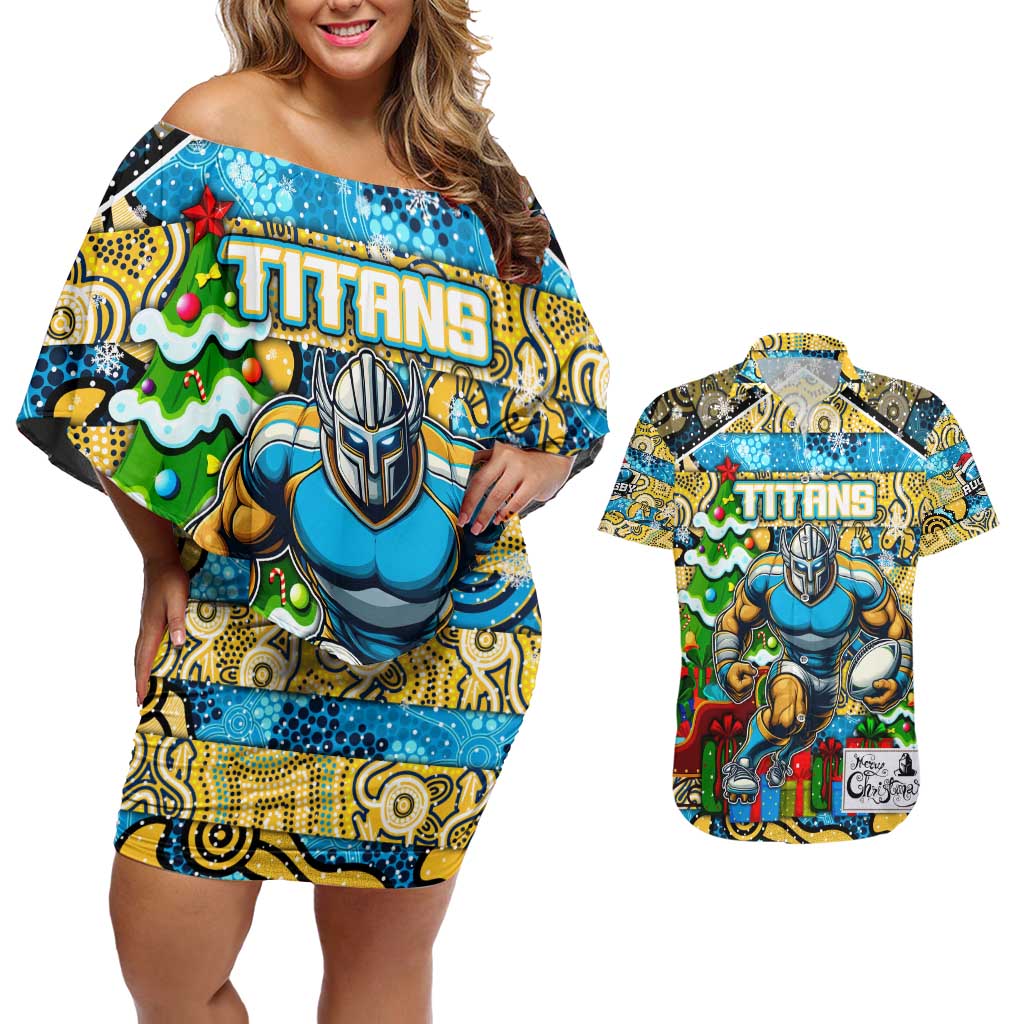 Custom Titans Rugby Merry Christmas Couples Matching Off Shoulder Short Dress and Hawaiian Shirt Indigenous Australian Art