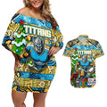 Custom Titans Rugby Merry Christmas Couples Matching Off Shoulder Short Dress and Hawaiian Shirt Indigenous Australian Art