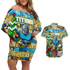 Custom Titans Rugby Merry Christmas Couples Matching Off Shoulder Short Dress and Hawaiian Shirt Indigenous Australian Art
