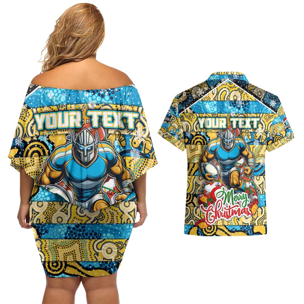 Custom Titans Rugby Merry Christmas Couples Matching Off Shoulder Short Dress and Hawaiian Shirt Indigenous Australian Art