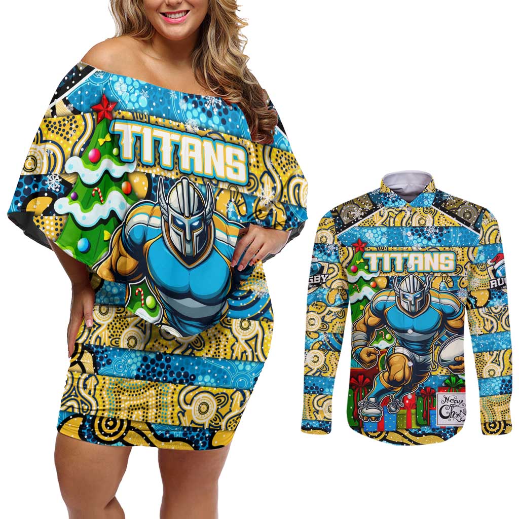 Custom Titans Rugby Merry Christmas Couples Matching Off Shoulder Short Dress and Long Sleeve Button Shirt Indigenous Australian Art