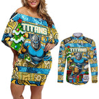 Custom Titans Rugby Merry Christmas Couples Matching Off Shoulder Short Dress and Long Sleeve Button Shirt Indigenous Australian Art