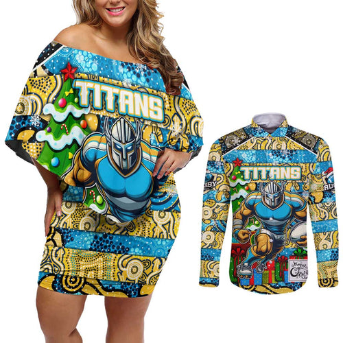 Custom Titans Rugby Merry Christmas Couples Matching Off Shoulder Short Dress and Long Sleeve Button Shirt Indigenous Australian Art
