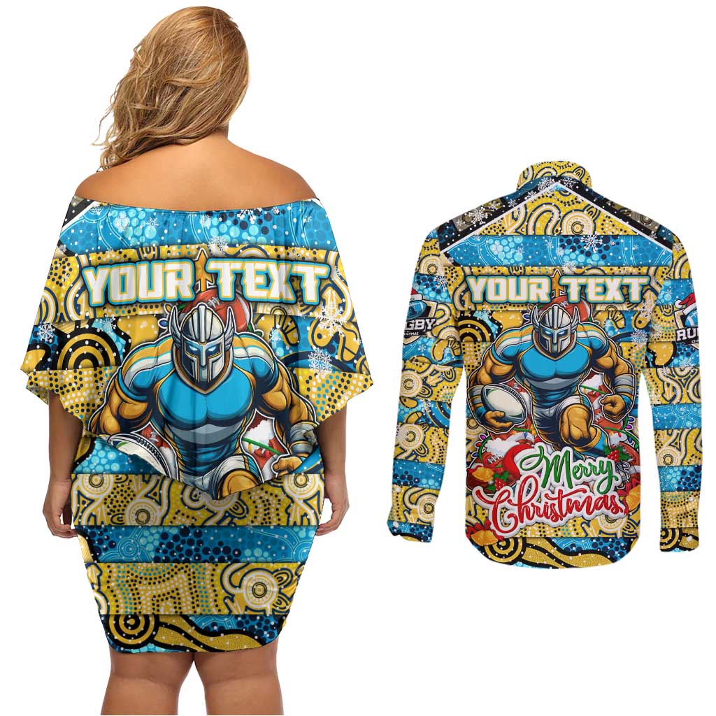 Custom Titans Rugby Merry Christmas Couples Matching Off Shoulder Short Dress and Long Sleeve Button Shirt Indigenous Australian Art