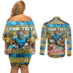 Custom Titans Rugby Merry Christmas Couples Matching Off Shoulder Short Dress and Long Sleeve Button Shirt Indigenous Australian Art
