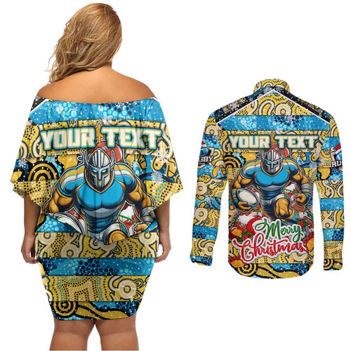 Custom Titans Rugby Merry Christmas Couples Matching Off Shoulder Short Dress and Long Sleeve Button Shirt Indigenous Australian Art