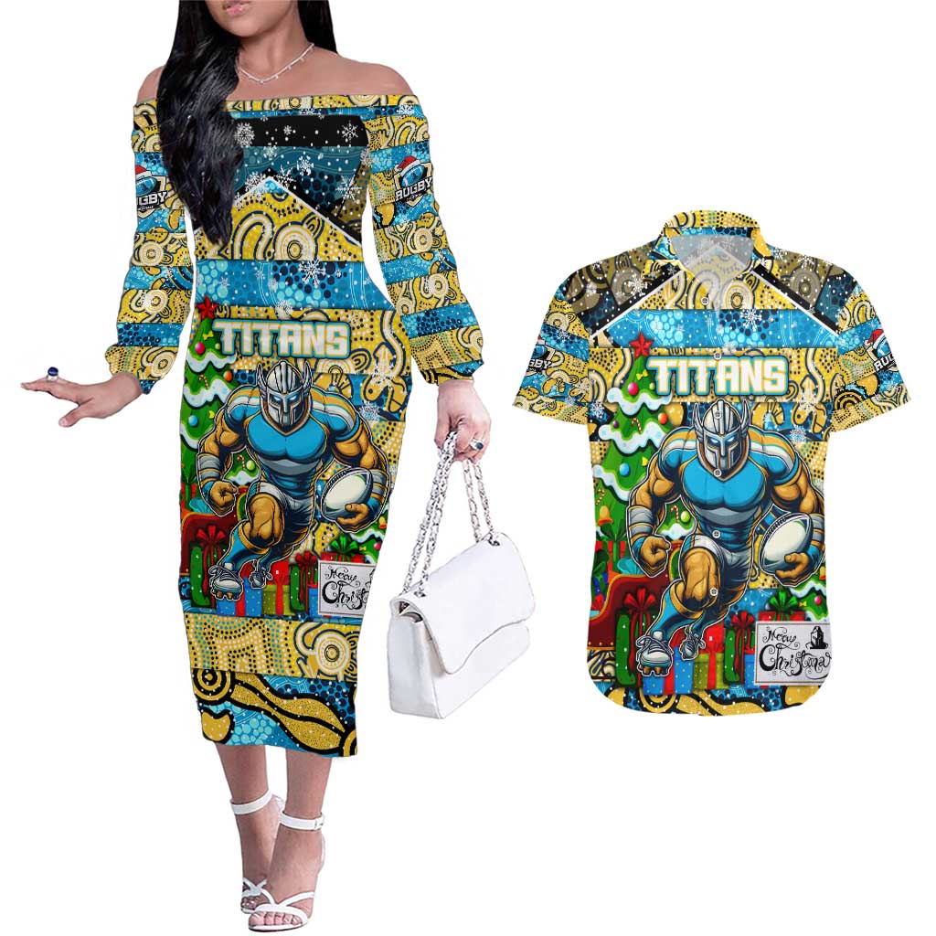Custom Titans Rugby Merry Christmas Couples Matching Off The Shoulder Long Sleeve Dress and Hawaiian Shirt Indigenous Australian Art