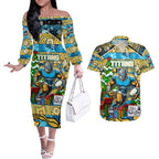 Custom Titans Rugby Merry Christmas Couples Matching Off The Shoulder Long Sleeve Dress and Hawaiian Shirt Indigenous Australian Art