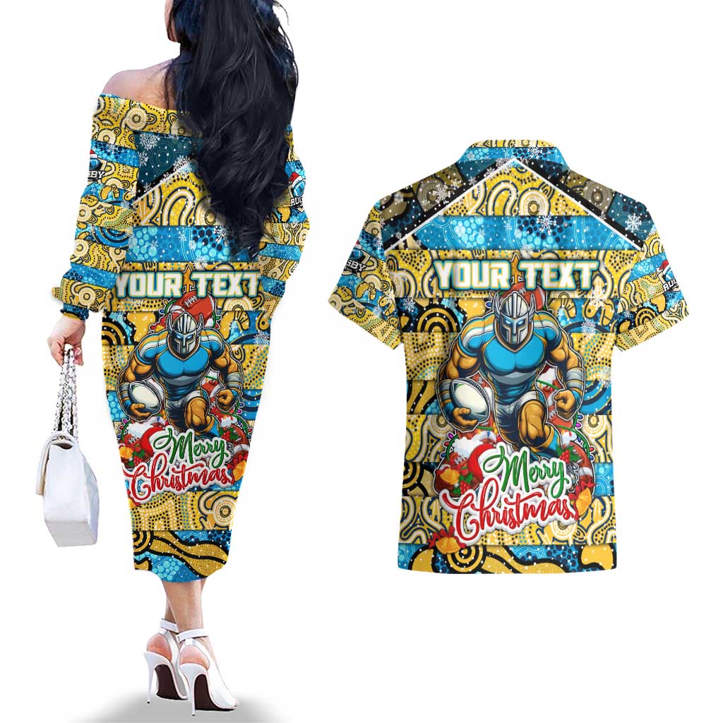 Custom Titans Rugby Merry Christmas Couples Matching Off The Shoulder Long Sleeve Dress and Hawaiian Shirt Indigenous Australian Art