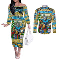 Custom Titans Rugby Merry Christmas Couples Matching Off The Shoulder Long Sleeve Dress and Long Sleeve Button Shirt Indigenous Australian Art