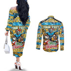 Custom Titans Rugby Merry Christmas Couples Matching Off The Shoulder Long Sleeve Dress and Long Sleeve Button Shirt Indigenous Australian Art