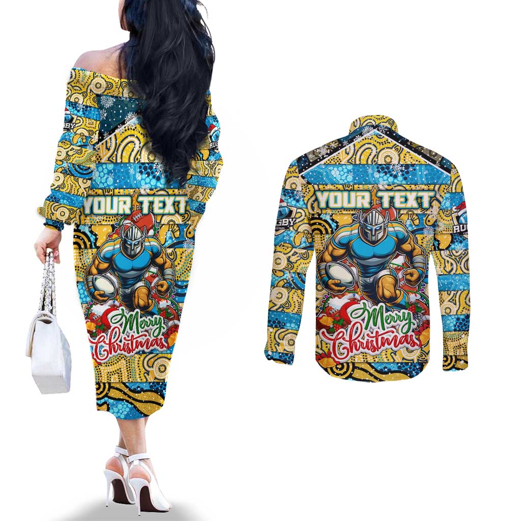 Custom Titans Rugby Merry Christmas Couples Matching Off The Shoulder Long Sleeve Dress and Long Sleeve Button Shirt Indigenous Australian Art