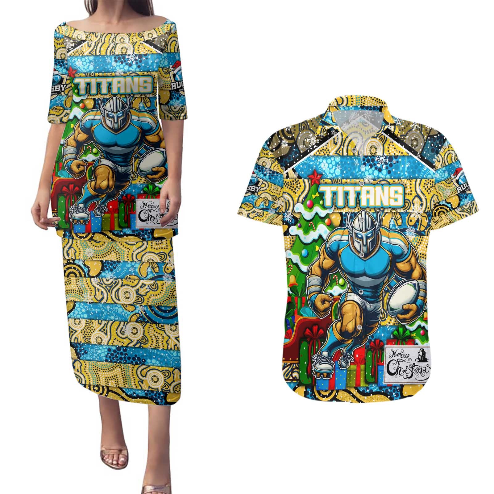Custom Titans Rugby Merry Christmas Couples Matching Puletasi and Hawaiian Shirt Indigenous Australian Art