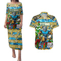 Custom Titans Rugby Merry Christmas Couples Matching Puletasi and Hawaiian Shirt Indigenous Australian Art