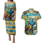 Custom Titans Rugby Merry Christmas Couples Matching Puletasi and Hawaiian Shirt Indigenous Australian Art