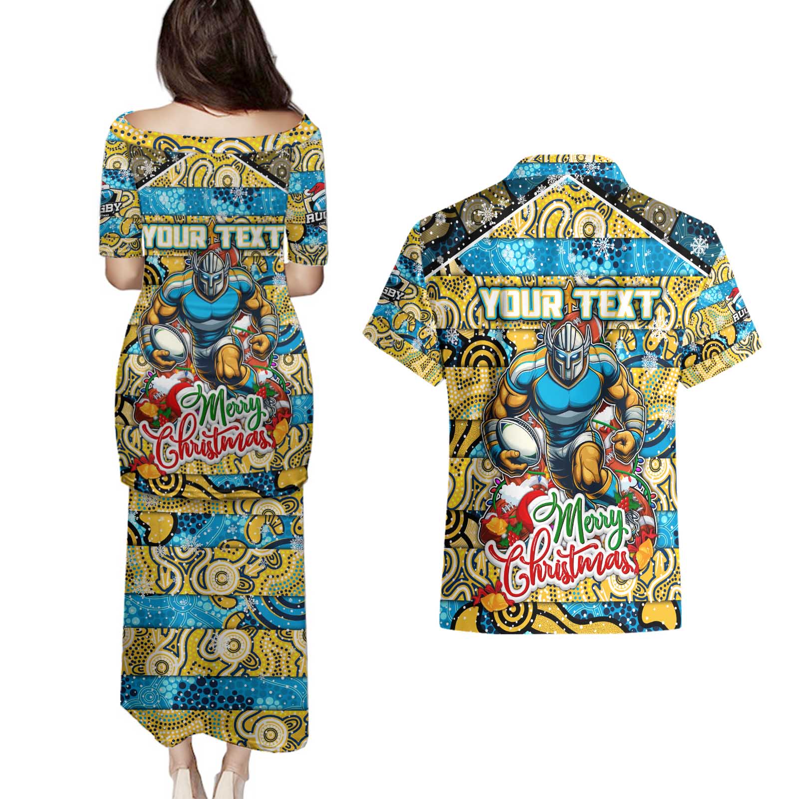 Custom Titans Rugby Merry Christmas Couples Matching Puletasi and Hawaiian Shirt Indigenous Australian Art