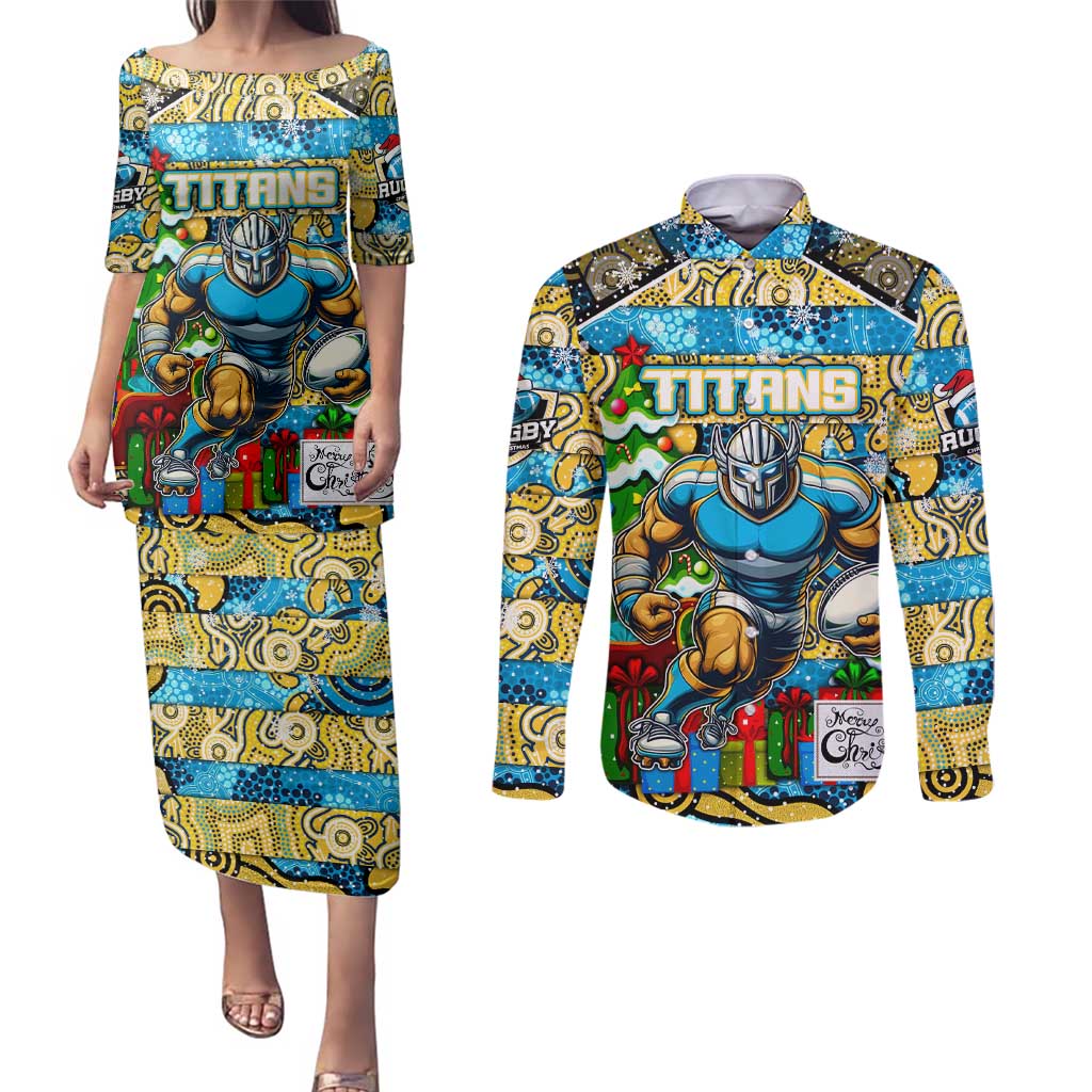 Custom Titans Rugby Merry Christmas Couples Matching Puletasi and Long Sleeve Button Shirt Indigenous Australian Art