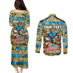 Custom Titans Rugby Merry Christmas Couples Matching Puletasi and Long Sleeve Button Shirt Indigenous Australian Art