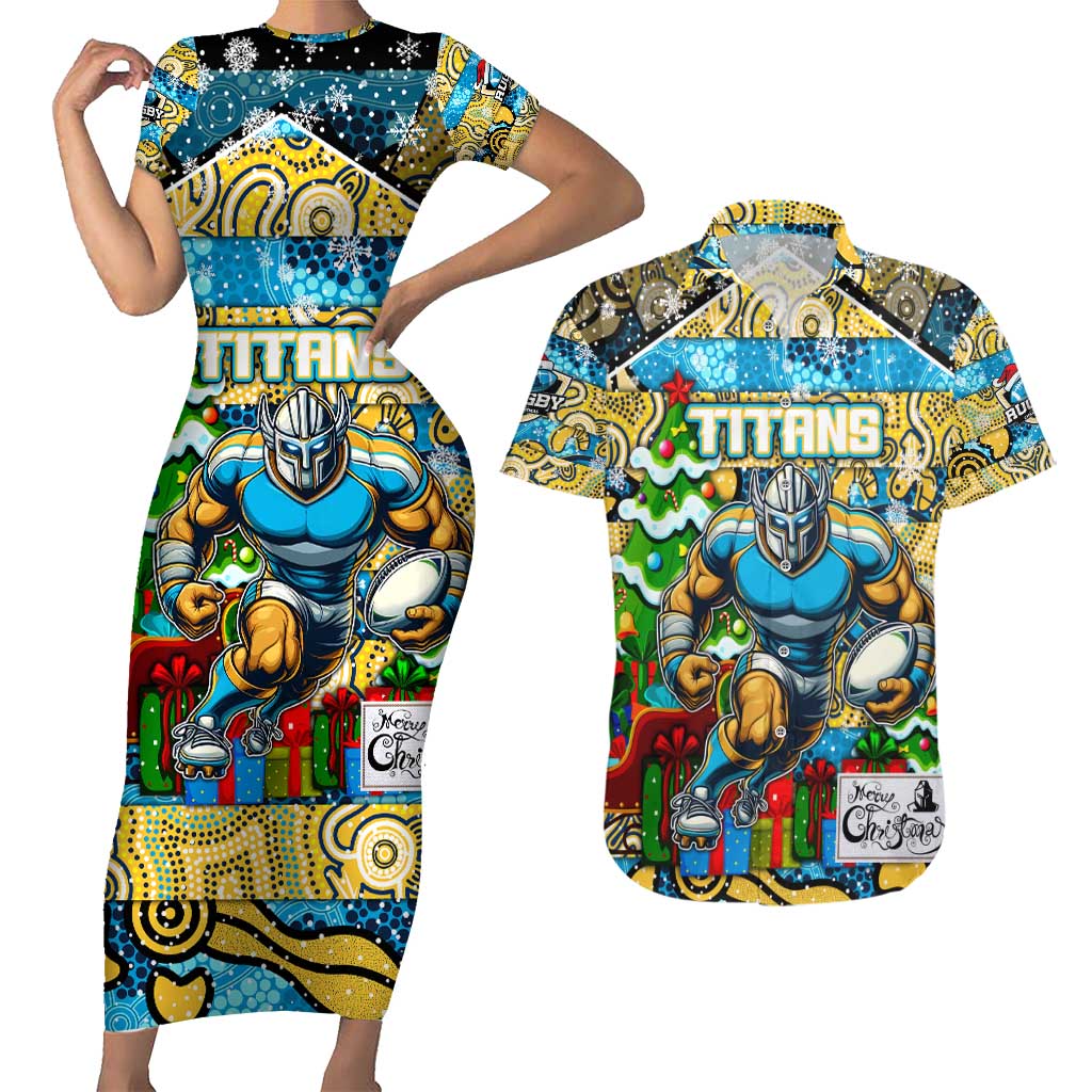 Custom Titans Rugby Merry Christmas Couples Matching Short Sleeve Bodycon Dress and Hawaiian Shirt Indigenous Australian Art