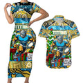 Custom Titans Rugby Merry Christmas Couples Matching Short Sleeve Bodycon Dress and Hawaiian Shirt Indigenous Australian Art