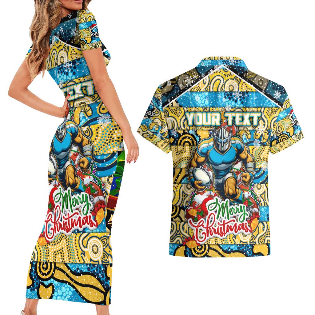 Custom Titans Rugby Merry Christmas Couples Matching Short Sleeve Bodycon Dress and Hawaiian Shirt Indigenous Australian Art