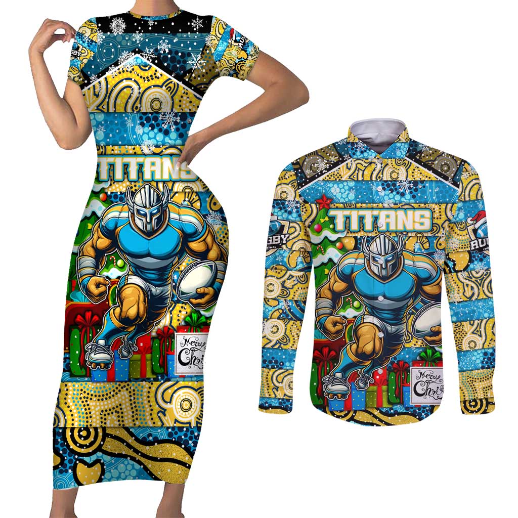 Custom Titans Rugby Merry Christmas Couples Matching Short Sleeve Bodycon Dress and Long Sleeve Button Shirt Indigenous Australian Art
