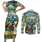 Custom Titans Rugby Merry Christmas Couples Matching Short Sleeve Bodycon Dress and Long Sleeve Button Shirt Indigenous Australian Art
