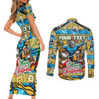 Custom Titans Rugby Merry Christmas Couples Matching Short Sleeve Bodycon Dress and Long Sleeve Button Shirt Indigenous Australian Art