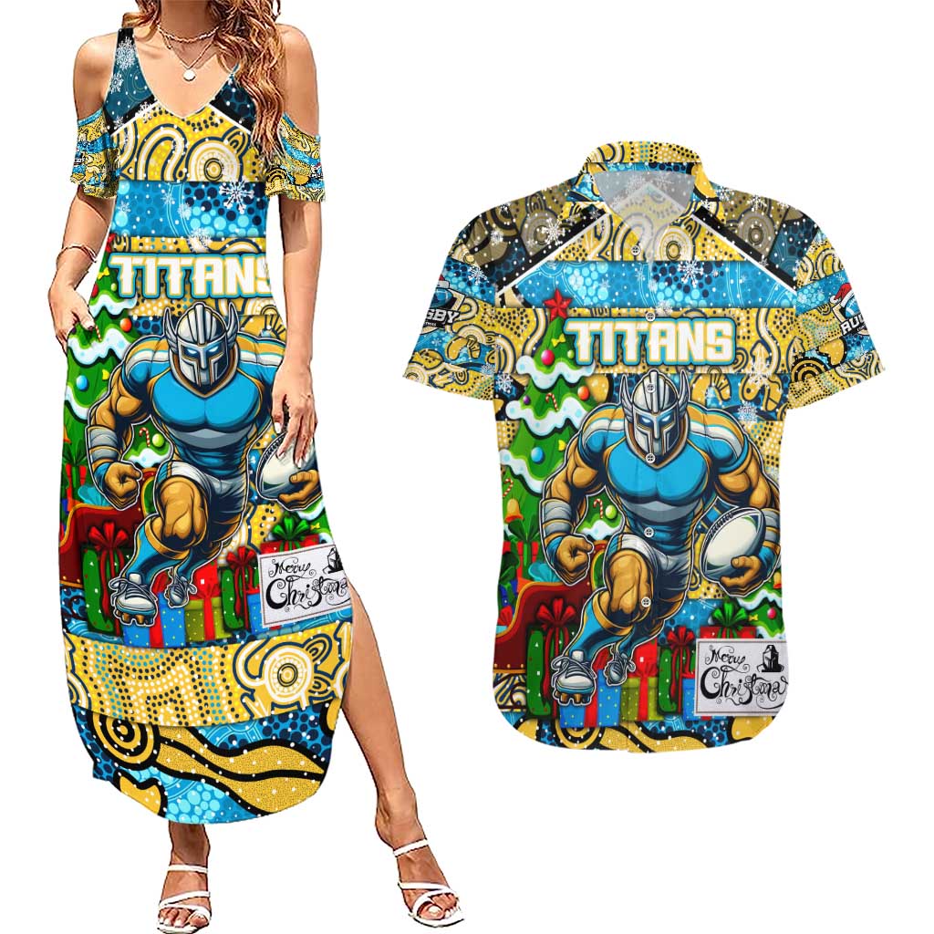 Custom Titans Rugby Merry Christmas Couples Matching Summer Maxi Dress and Hawaiian Shirt Indigenous Australian Art