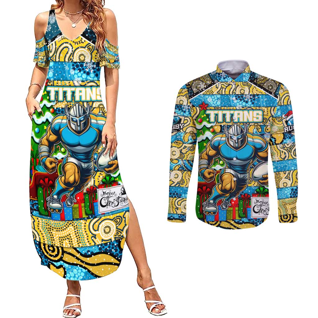 Custom Titans Rugby Merry Christmas Couples Matching Summer Maxi Dress and Long Sleeve Button Shirt Indigenous Australian Art