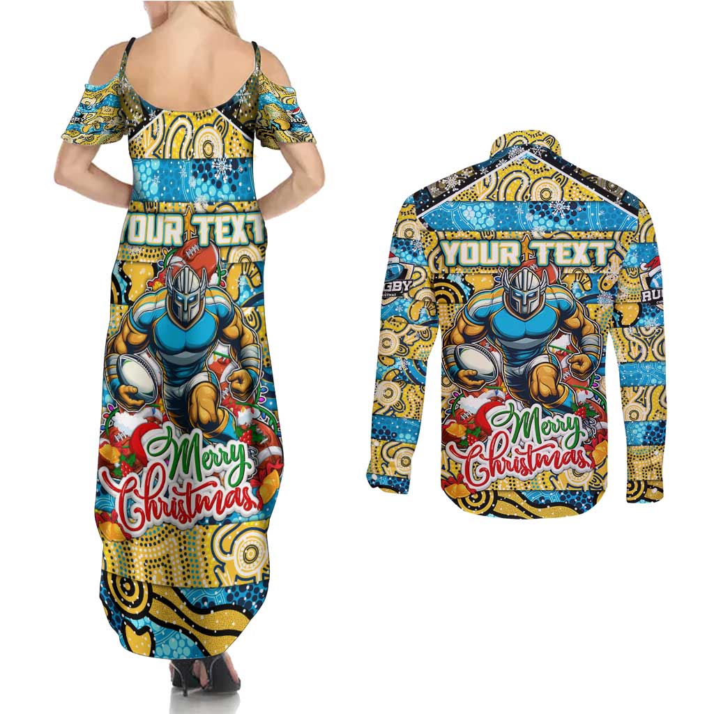 Custom Titans Rugby Merry Christmas Couples Matching Summer Maxi Dress and Long Sleeve Button Shirt Indigenous Australian Art
