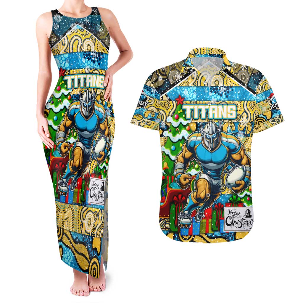 Custom Titans Rugby Merry Christmas Couples Matching Tank Maxi Dress and Hawaiian Shirt Indigenous Australian Art
