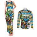 Custom Titans Rugby Merry Christmas Couples Matching Tank Maxi Dress and Long Sleeve Button Shirt Indigenous Australian Art