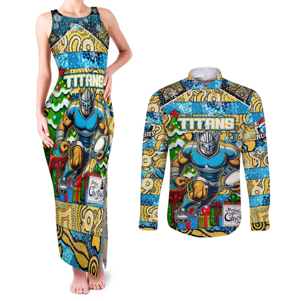 Custom Titans Rugby Merry Christmas Couples Matching Tank Maxi Dress and Long Sleeve Button Shirt Indigenous Australian Art