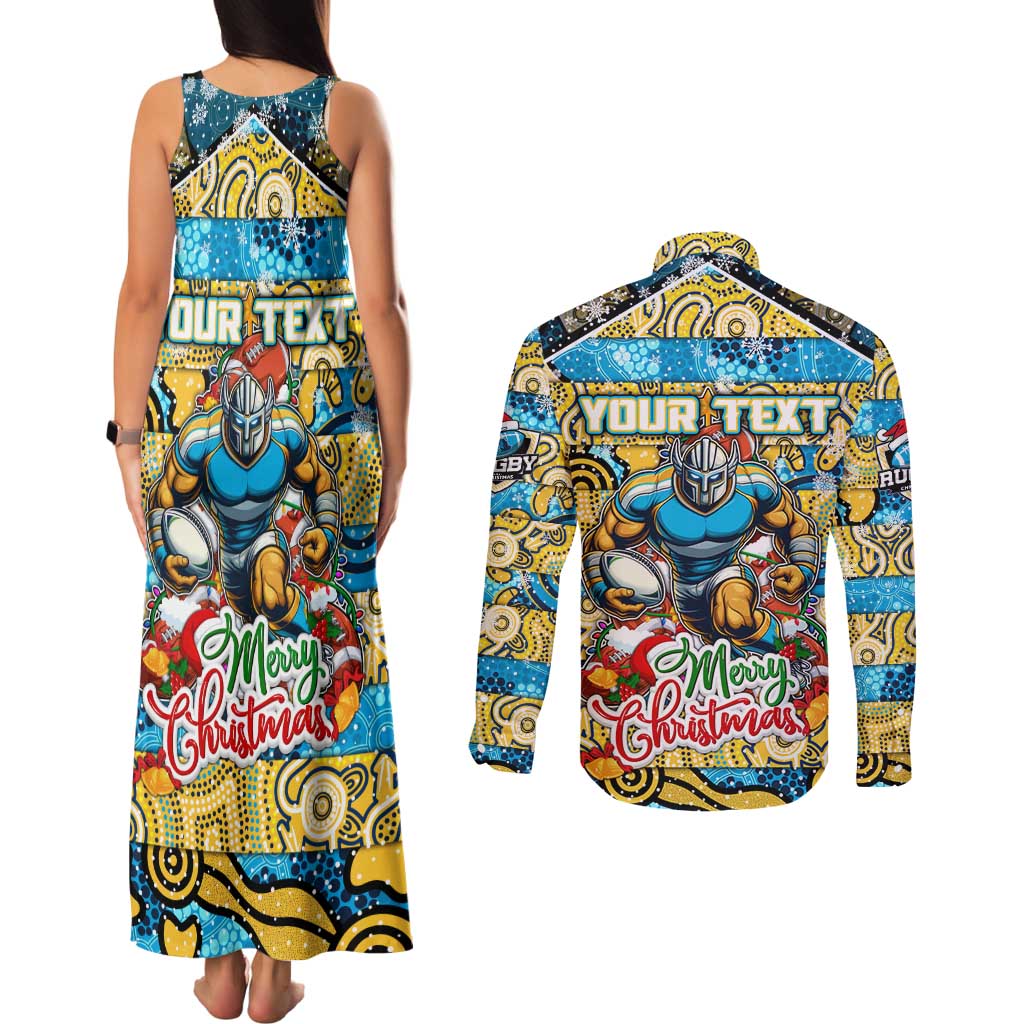 Custom Titans Rugby Merry Christmas Couples Matching Tank Maxi Dress and Long Sleeve Button Shirt Indigenous Australian Art