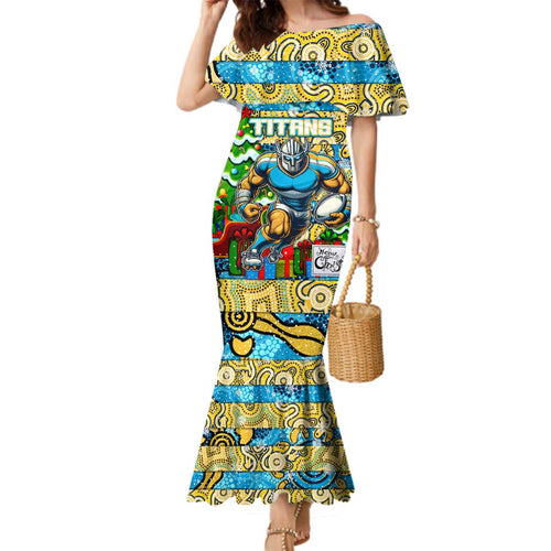 Custom Titans Rugby Merry Christmas Family Matching Mermaid Dress and Hawaiian Shirt Indigenous Australian Art