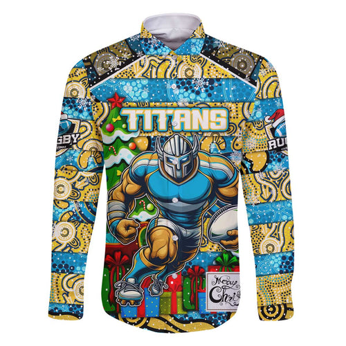 Custom Titans Rugby Merry Christmas Family Matching Off The Shoulder Long Sleeve Dress and Hawaiian Shirt Indigenous Australian Art